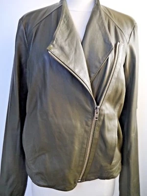 HELMUT LANG $895 Chaqueta de moto forrada de cuero verde oliva talla L USADA UNA VEZ Foto 1 de 4