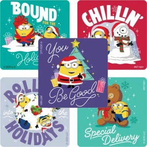 Minions Stickers x 5 - Minions Christmas Stickers Party Stocking Stuffer Seals - Picture 1 of 6