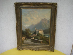 Landschaft Ölgemälde Burg am See mit Personen unleserlich signiert aus Sammlung - Bild 1 von 7