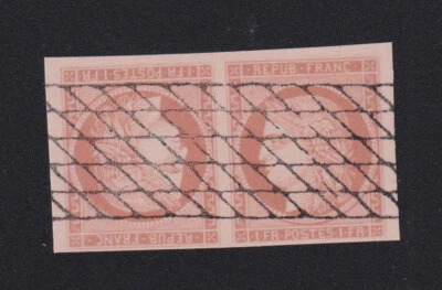 Timbre France N° 7, 1 f vermillion Cérès tête-bêche oblitération grille sans fin - Photo 1/3