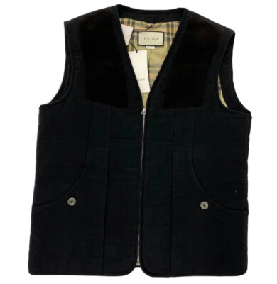 $3,000 Gucci Black Cotton and Leather Vest Size US XS, EU 44, Made in Italy - Image 1 of 4