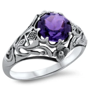 SCOTTISH THISTLE NOUVEAU STYLE 925 SILVER 2 Ct LAB-CREATED AMETHYST RING #356X - Picture 1 of 4