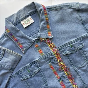 Vintage Bill Blass Jean Jacket Womens XL Embellished Embroidery Y2K Boho Fringe - Picture 1 of 17