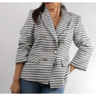 Veronica Beard Tweed Blazer 10 White Blue Sleeve Double Breasted Casual Jacket - Image 1 of 4
