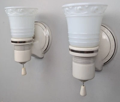 Pair Porcelier Art Deco-MCM Porcelain Sconces, Glass Shades, Excellent, Restored - Image 1 of 4