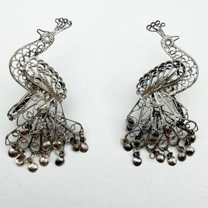 Vintage Silber Pfau Ohrring Schraubverschluss Hänger verziert filigran Kronleuchter - Bild 1 von 13