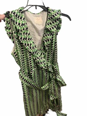 Vestido Kate Spade Aubrey Envolvente Seda Geo Estampado Volantes Verde Negro Talla 08 $438 Foto 1 de 4