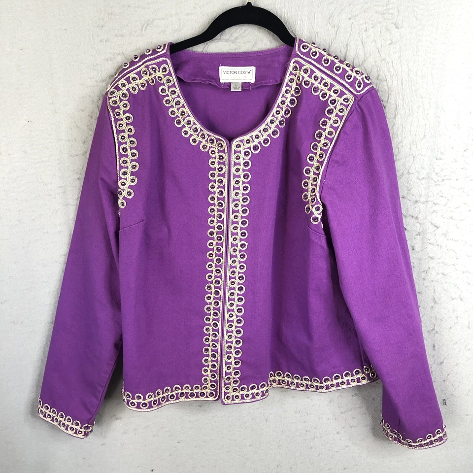 Chaqueta Victor Costa Mujer L Púrpura Denim Cuentas Arte Para Usar Retro Declaración Foto 1 de 4