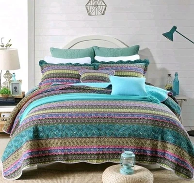 Colcha y fundas de algodón boho con estampado geométrico rosa y azul talla Queen 90 X 96  Foto 1 de 4