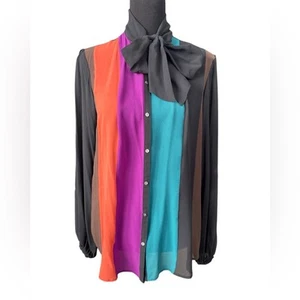 Blusa Nicole Miller Artelier 100% seta colorblock cravatta collo maniche divise, media - Foto 1 di 7