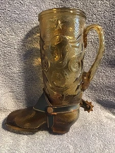 Vtg Cellini Masterpieces Amber Glass Decanter Cowboy Boot Pitcher Beer Mug - Picture 1 of 20