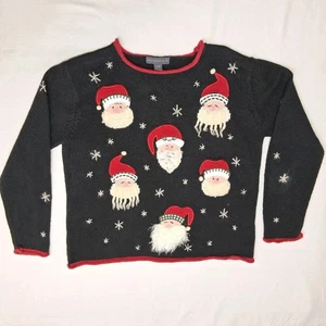 Suéter de Navidad de Colección Islas del Norte Caras de Papá Noel Embellecido Copo de Nieve Negro LG - Imagen 1 de 11