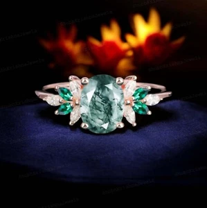 925 Sterling Silver 8X6 mm Oval Cut Natural Moss Agate Diamond Cluster Gift Ring - Picture 1 of 10