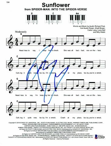 POST MALONE SIGNED SUNFLOWER AUTOGRAPH LYRIC SHEET BECKETT BAS 8 Cover