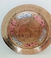 Brass Tray Plate w/ Elephant Motif Hammered Silver & Copper Design