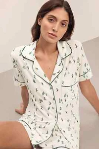 NEW $138 Eberjey Women's Gisele Shortie Short PJ Set Ivory Pink palm trees S - Picture 1 of 12