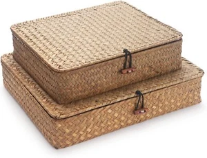 Flat Seagrass Storage Bins with Lid Wicker Basket Shelf Organize Set of 2 - Picture 1 of 7