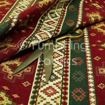 Burgunderrot Grün Chenille Polster Vorhang Stoff Traditionelles Kelim Muster - Bild 1 von 4