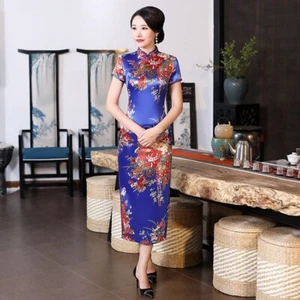 Nuovo lussuoso abito lungo cinese raso floreale Cheongsam Qipao lcdress196. - Foto 1 di 5