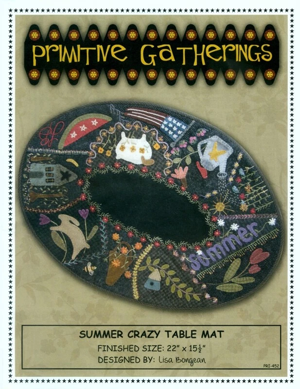 Summer Crazy Table Mat - Pattern by Lisa Bongean - Wool Applique + Embroidery - Image 1 of 1