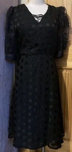 Vintage 80s Black Dress Polka Dot Lace Puff Sleeve GOTH VICTORIAN DECO WEDNESDAY - Picture 1 of 4