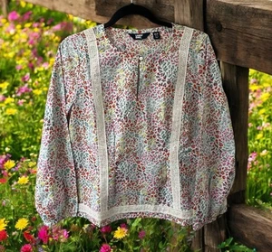 Lands' End Floral Bohemian Shirt Lace Trim Peasant Floral Women's M/P(10-12) Top - Picture 1 of 5
