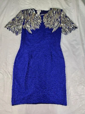 复古 Stenay Royal 蓝色 100% 真丝全串珠连衣裙亮片 10 短袖 80 年代 — 第 1/4 张图片