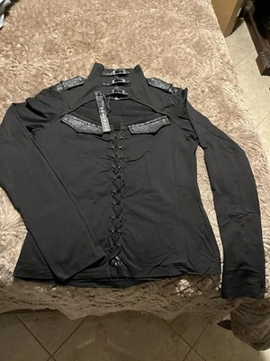 punk rave Brand Women’s Stretch Knit Top With High Neck & Epaulets/lacing Sz. XL - Image 1 of 3