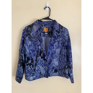 Ruby Rd Petite Blue Black Abstract Print Denim Jacket Women's Size 14P - Picture 1 of 3