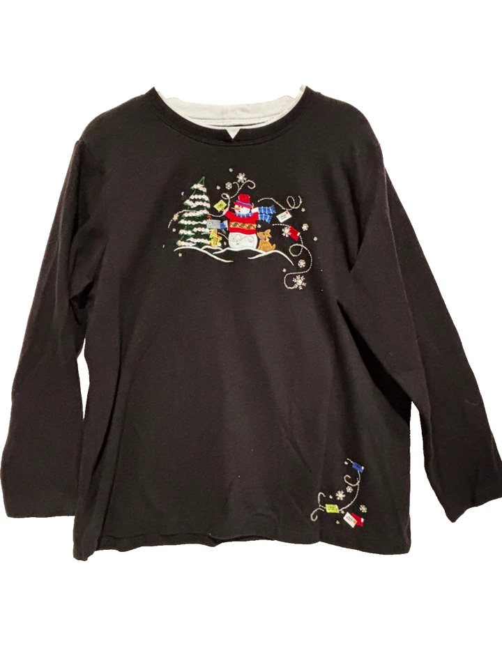 Blusa bordada festiva de Natal feminina tamanho XL Henley gola de malha - Imagem 1 de 4