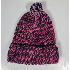 Crochet Hat Youth SIze Homade Pink Blue Pom Beanie - Picture 1 of 3