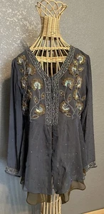 Soft Surroundings Stunning Gray Chiffon Small Blouse Layered Sequins Fairy core - Picture 1 of 22