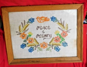 Peace and Plenty Handmade Embroidered in Wood Frame - Picture 1 of 5