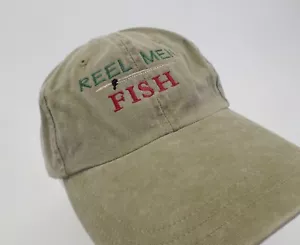 Reel Men Fish Hat Cap Fishing Rod Reel Leather Strapback Adjustable Khaki Green - Picture 1 of 6