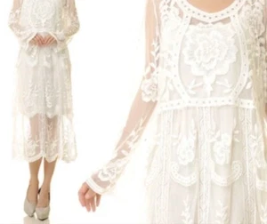 Wedding Dress M Long Sleeve V Neck Lace Boho Bohemian Beach Bridal Gown Midi - Picture 1 of 10