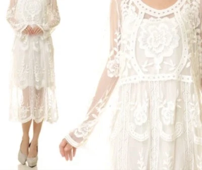 Wedding Dress M Long Sleeve V Neck Lace Boho Bohemian Beach Bridal Gown Midi - Image 1 of 4
