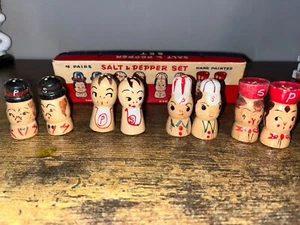 Vintage Wooden Family Hand Painted Salt & Pepper Set 4 Pairs Japan- mama, papa + - Picture 1 of 2