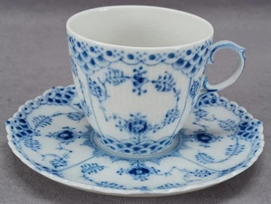 Vintage Royal Copenhagen 1/1035 Blue Fluted Full Lace Coffee Cup & Saucer - Picture 1 of 11