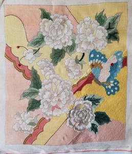Vintage Peonies and Butterfly HP Needlepoint Canvas Some Work Done 15X14 w/yarn - Picture 1 of 7