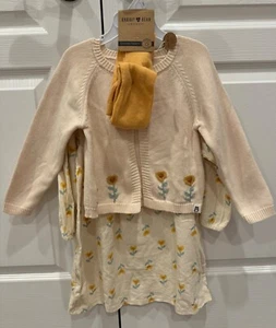 NWT Rabbit + Bear Organic 3T Matching Dress Cardigan Tights Set Flowers Cream - Picture 1 of 9