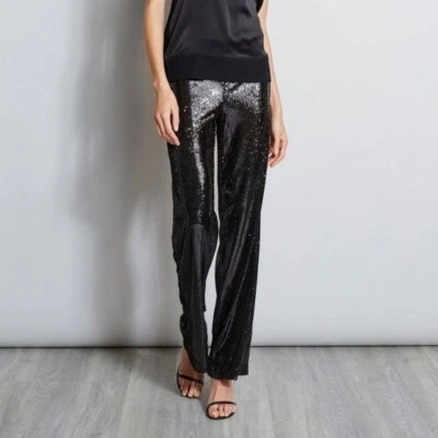 Elie Tahari 女式 6 码黑色亮片派对裤高腰阔腿新品 — 第 1/4 张图片