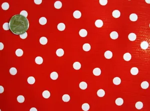 WHITE DOTS ON RED VINYL OILCLOTH TABLECLOTHS DINE KITCHEN PATIO 6 SIZE 48x48-108 - Picture 1 of 2
