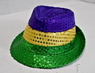 Mardi Gras Sequin Light Up Fedora Hat Purple Gold Green Adult Party Costume - Image 1 of 4