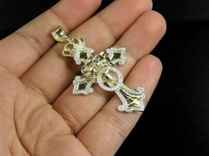 3Ct Round Cut Moissanite Lion Crown Cross Pendant 14K Yellow Gold Plated Silver - Picture 1 of 7