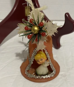 Vintage Bell Shaped Diorama Angel Christmas Ornament Orange Silver - Picture 1 of 3