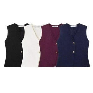 Women's Gold Button Knitted Vest Top Waistcoats Gilet Sleeveless Jackets V-neck - Picture 1 of 19