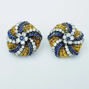 Orecchini in Oro 18 kt con Zaffiri Blu e Diamanti Certificati - Foto 1 di 3