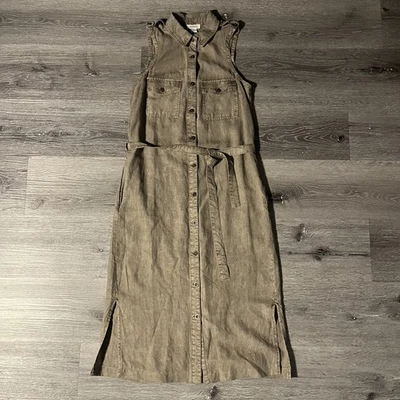 Sundance Linen Blend Gray Sleeveless Midi Dress Extra Small XS Button Up Belt  - Image 1 of 4