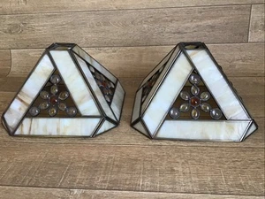 VINTAGE PAIR TIFFANY STYLE ART DECO LAMP SHADE CREAM /AMBER MARBLE TRIANGLE LEAD - Picture 1 of 18