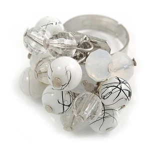 White/Transparent Glass and Ceramic Bead Cluster Ring in Silver Tone Metal - - Picture 1 of 3